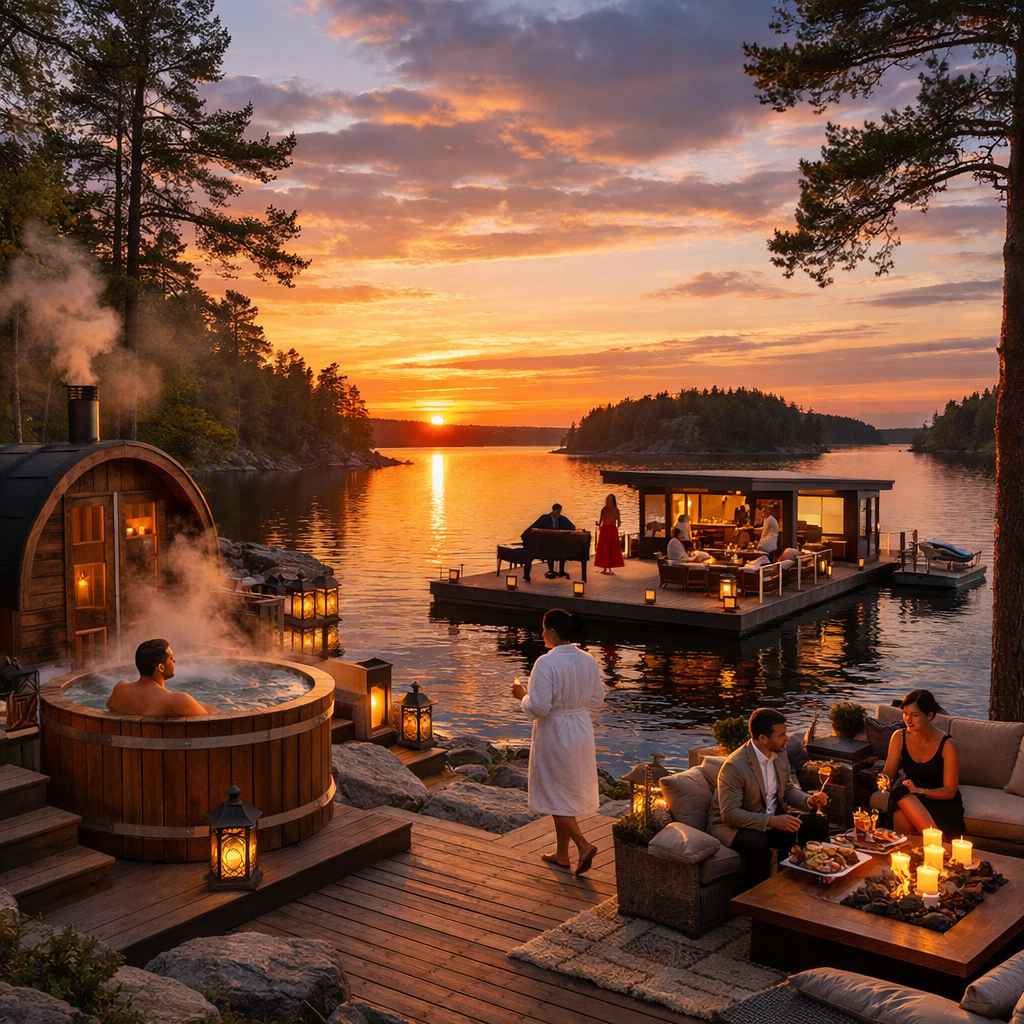 Beautiful Finnish lake at sunset demonstrating Nordic wellness setting