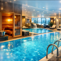 Heated indoor swimming pool with pristine blue water
