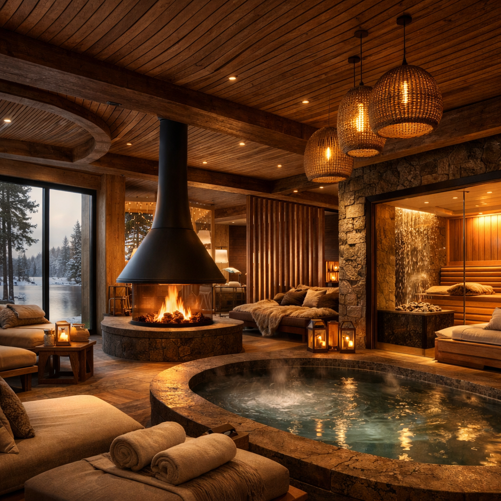 Luxurious warm architectural interior of a Nordic spa hotel